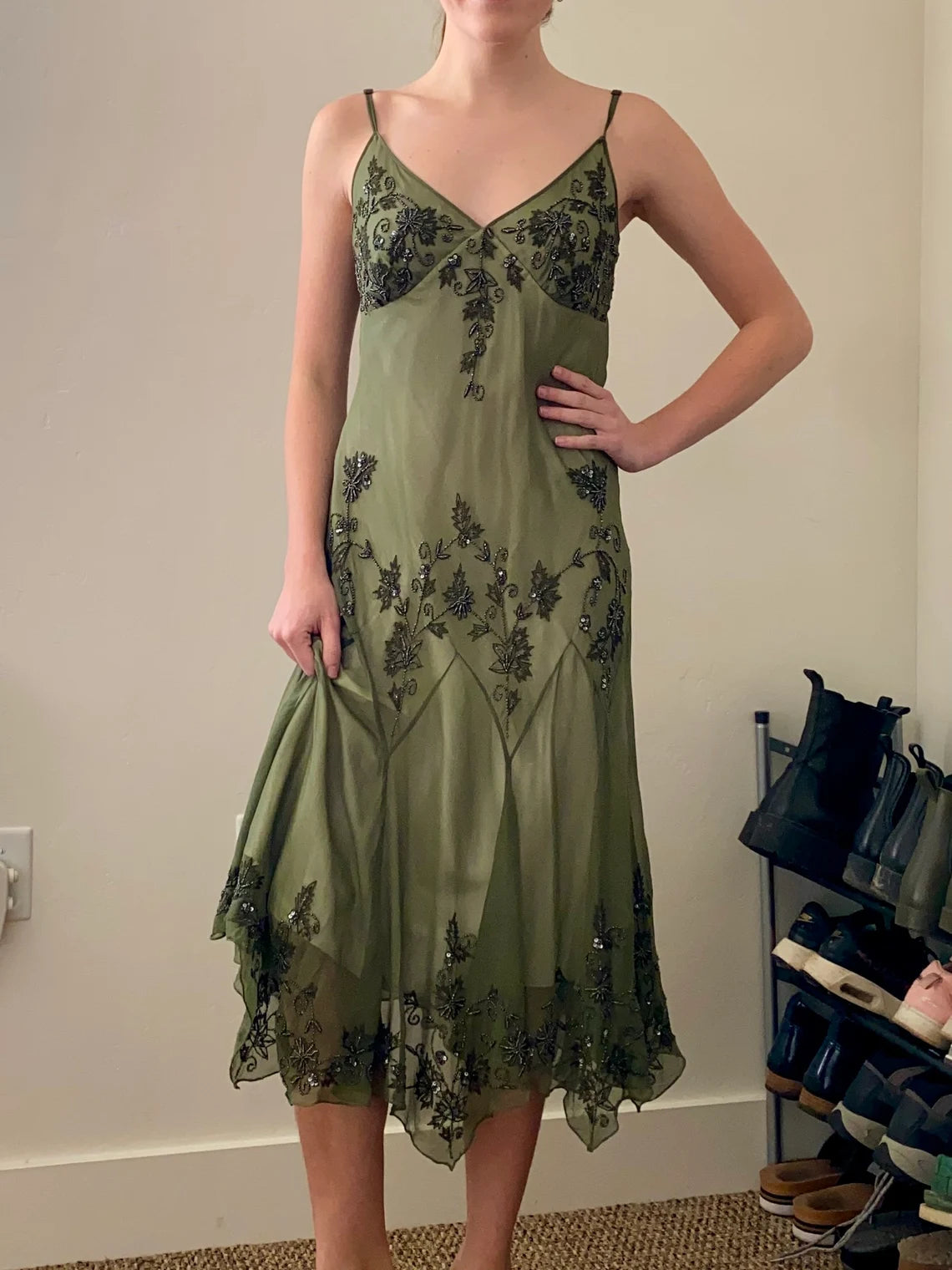 Robe Weitese vintage années 90 à bretelles spaghetti, robe mi-longue verte perlée, robe de bal